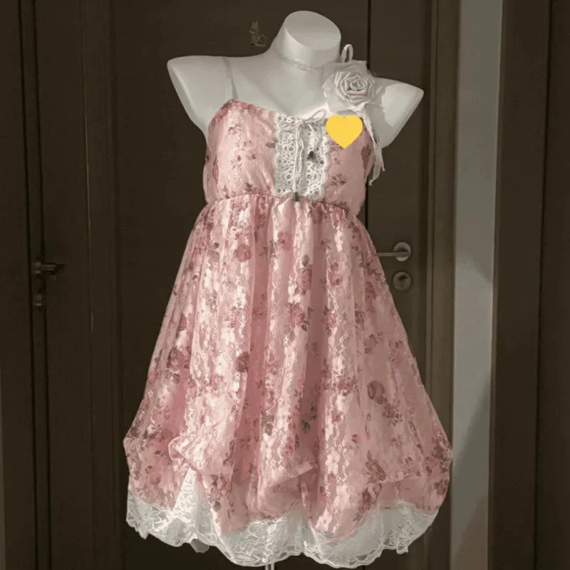 Kawaii Bow Mini Dresses Lolita Summer Sweet Halter Neck Polka Dot Women Lace Dresses French Elelgant Sexy Slim Party Dresses New