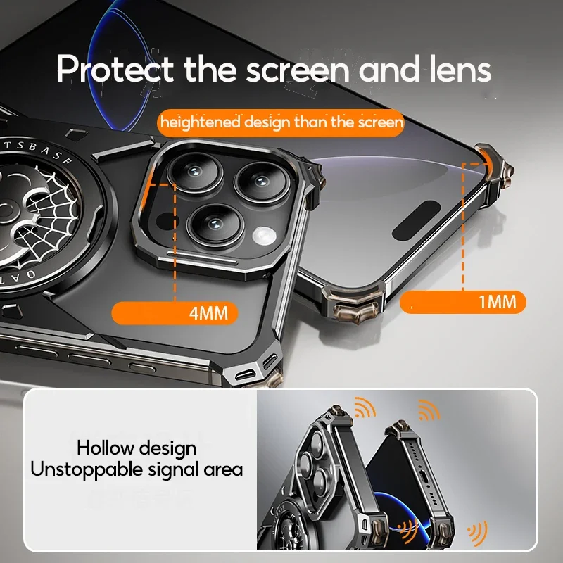 Eary for iPhone 16 Pro Max Bat Phone Case with Magsafe 360°Rotation Kickstand Metal Frameless Military Grade Shockproof Cover