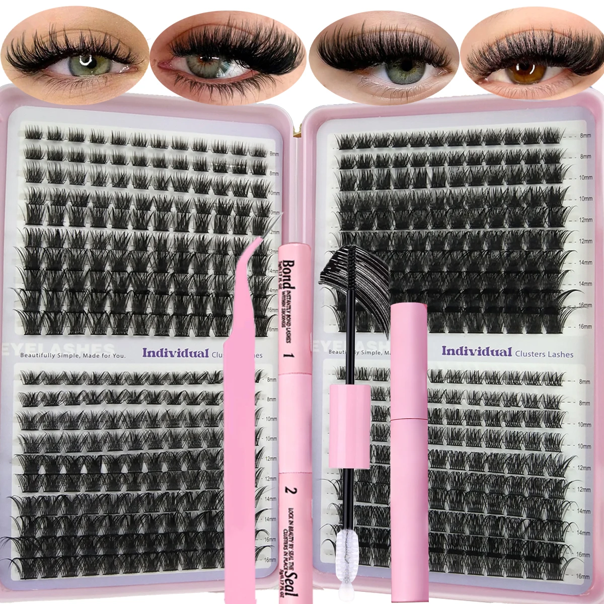 640 einteilige 40-reihige Cluster für falsche Wimpern, D-Rolle, gemischte Cluster für falsche Wimpern, 3D-flauschiges DIY-Set für falsche Wimpern, Kleberpinzette