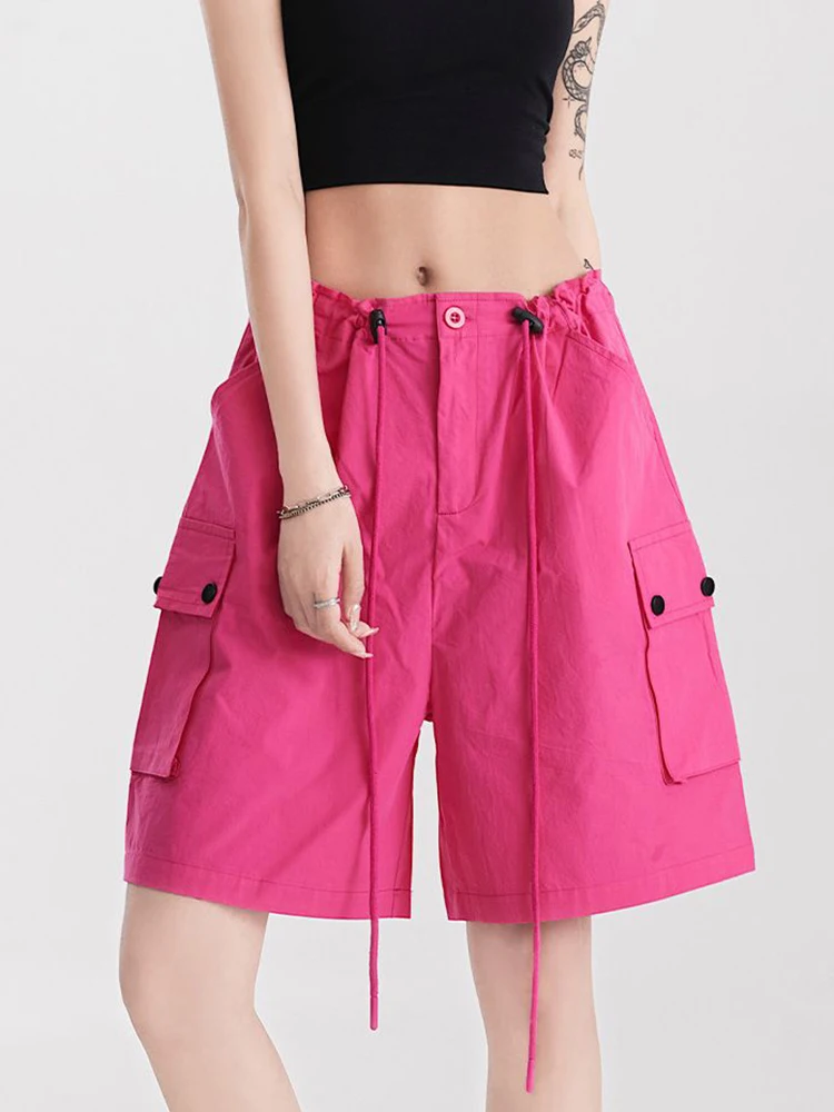 

Zoki Punk Rose Color Cargo Shorts Women Y2K High Waist Streetwear Shorts American Vintage Loose Bf Harajuku Solid Pockets Shorts