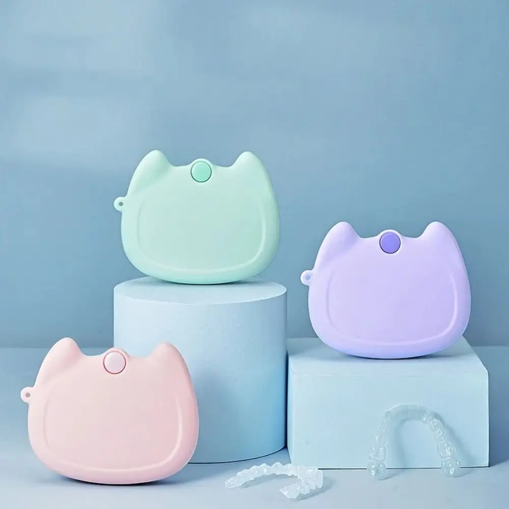 

Cartoon Cat Silicone Retainer Case Drain Holes Soft Denture Storage Box Candy Color Orthodontic Brace