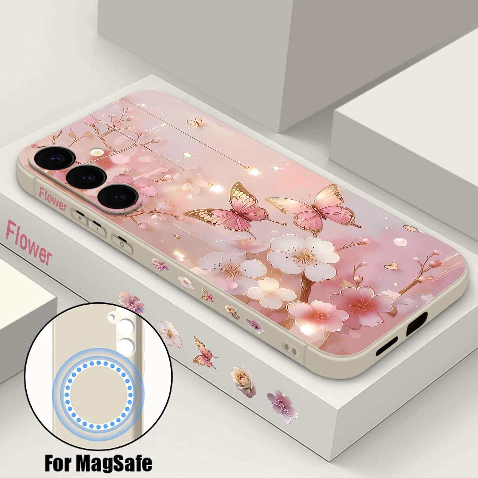 Schmetterling Blume magnetische Handyhülle für Samsung Galaxy S25 S24 Ultra S23 S22 Plus S24 FE A17 A56 A55 A16 A15 A36 weiche TPU-Abdeckung