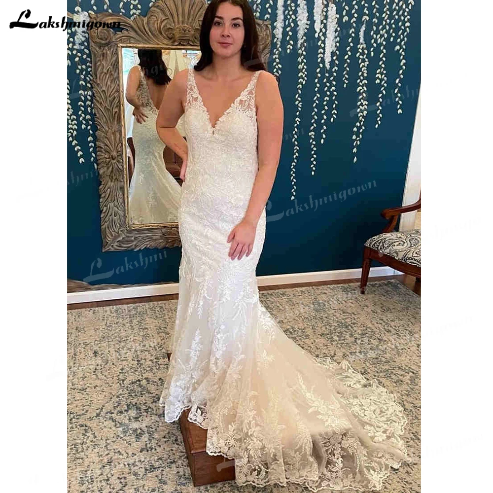 Modesto profundo decote em v vestido de casamento appliqued com trem sereia birdal dresstulle laço nupcial vestido elegante robe de mariage 2023