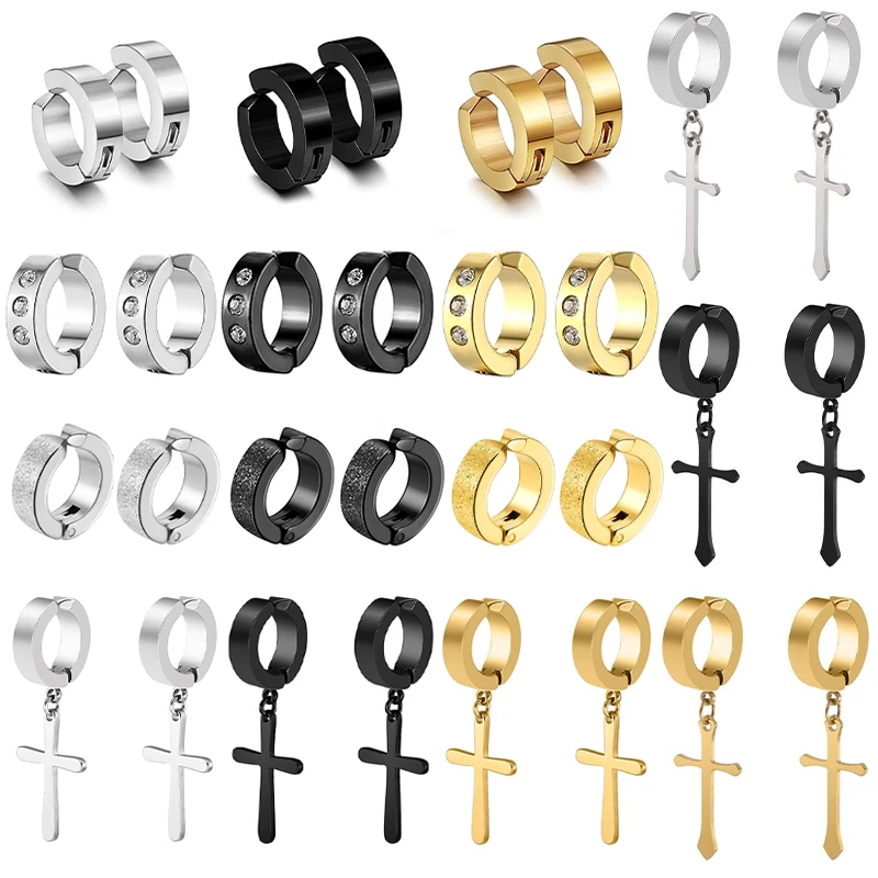 

2 Pcs Stainless Steel Clip On Earrings For Women Men Black Gold Color Cross Gothic Punk Rock Drop Pendiente Non Piercing Jewelry