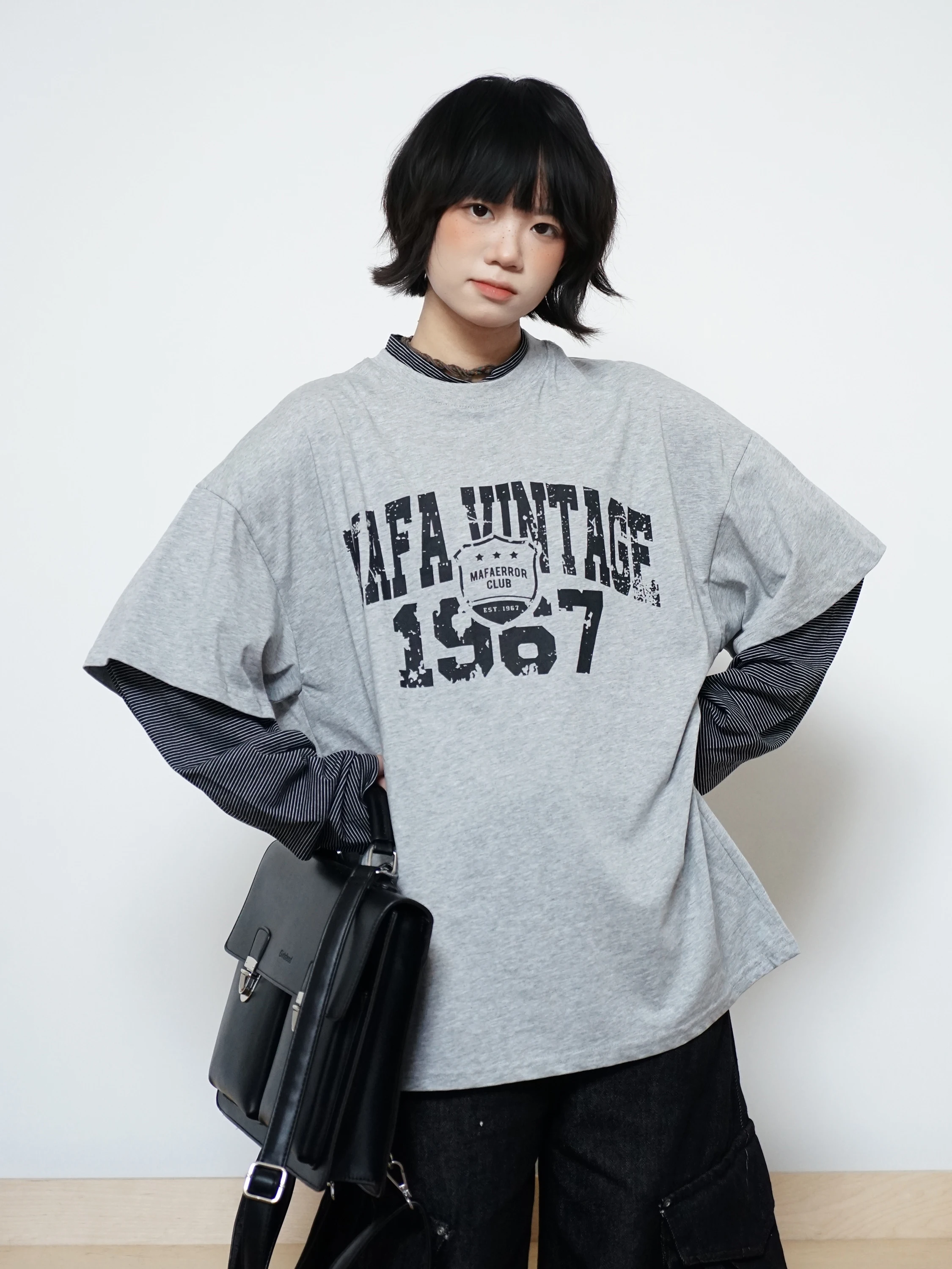 

Свободная длинная футболка с винтажным принтом све, уличная одежда из двух предметов для мужчин и женщин, хлопковая полосатая нашивка в стиле ретро в стиле ретро для работы