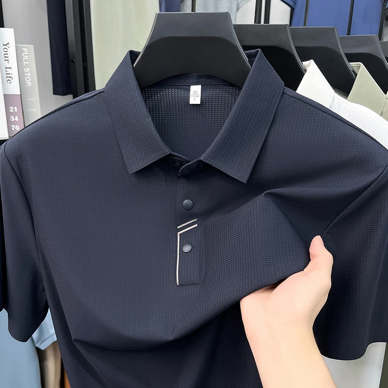 Polo de Manga Corta de Seda de Hielo Lujoso y Transpirable para Hombre Camiseta de Cuello Redondo Informal Cómoda de Color Sólido Nueva y Moderna para Verano