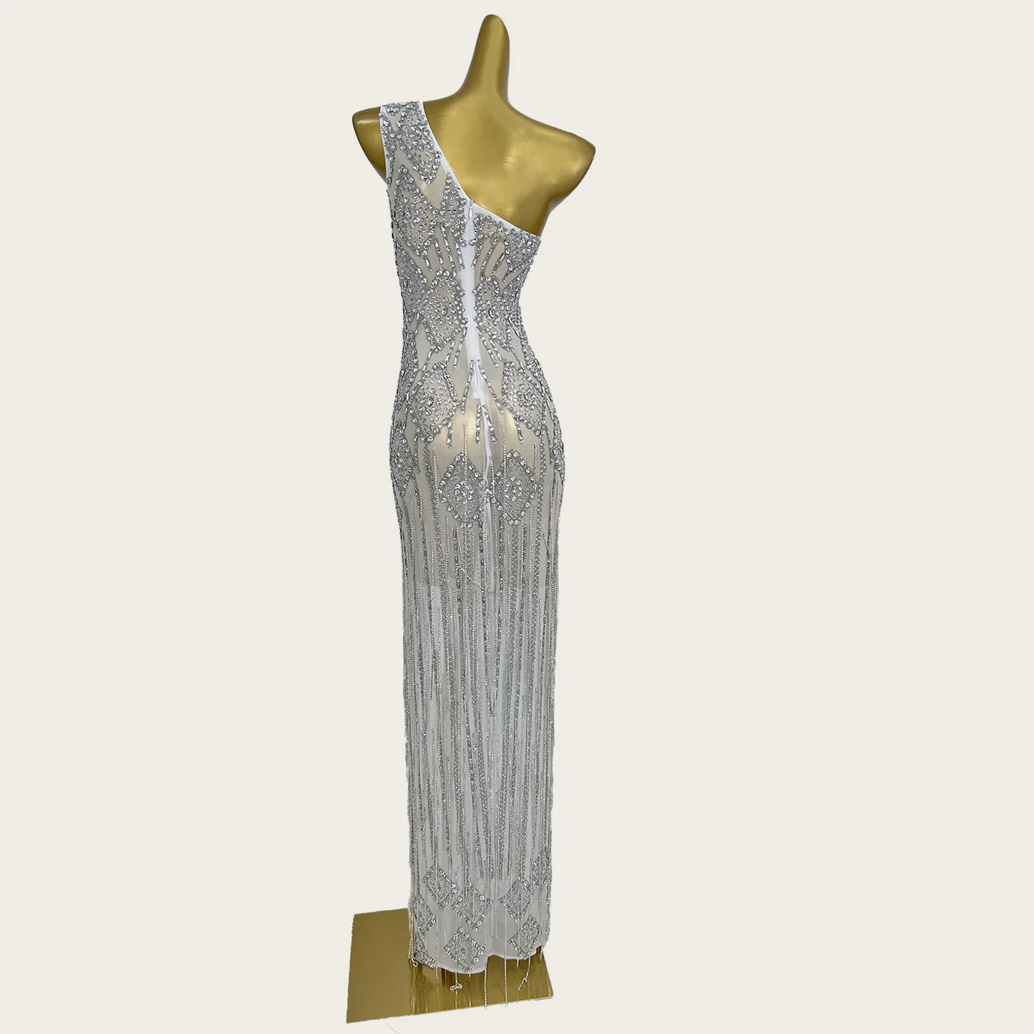 

High-end Luxury Sparkly Couture Women See Through Mesh White Crystals Dresses Celebrate Night Out Party Outfit Tassel Lenglian