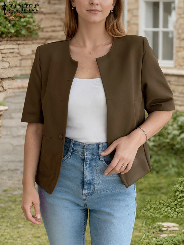 

ZANZEA 2025 Women Fashion Blazer Short Sleeve Shirts O-Neck Casual Loose Solid Tunic Tops Summer Elegant Office Lady OL Blusas