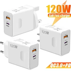 2 Ports USB A PD 120W Charger EU/US/UK Fast Charging Phone Type-C Charger QC 3.0 Adapter Head for iPhone Samsung Xiaomi Redmi