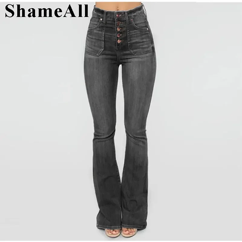 Jeans a zampa d\'elefante a vita alta con tasche di design abbottonate taglie forti da donna primaverili 4XL Pantaloni in denim casual a zampa