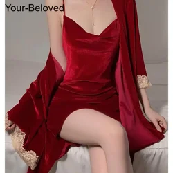 Velour Kimono Bathrobe Gown Aldy Sleepwear 2024 Autumn New Robe Suit Elegant Spaghetti Strap Warm Loose Nightwear Lingerie