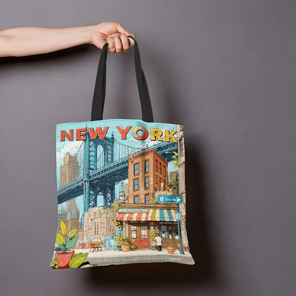 1 Stück Tragetasche, schöne New York City View bunte Cartoon-Einkaufstasche für Einkauf, Reisen, täglichen Gebrauch, Schultertasche – Detail 7
