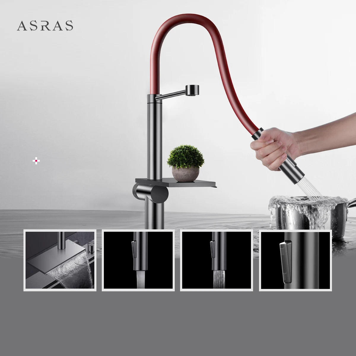 ASRAS-grifo de cascada multifuncional, rociador de cocina, 3 modos, agua fría y caliente pura, rotación de 360 °