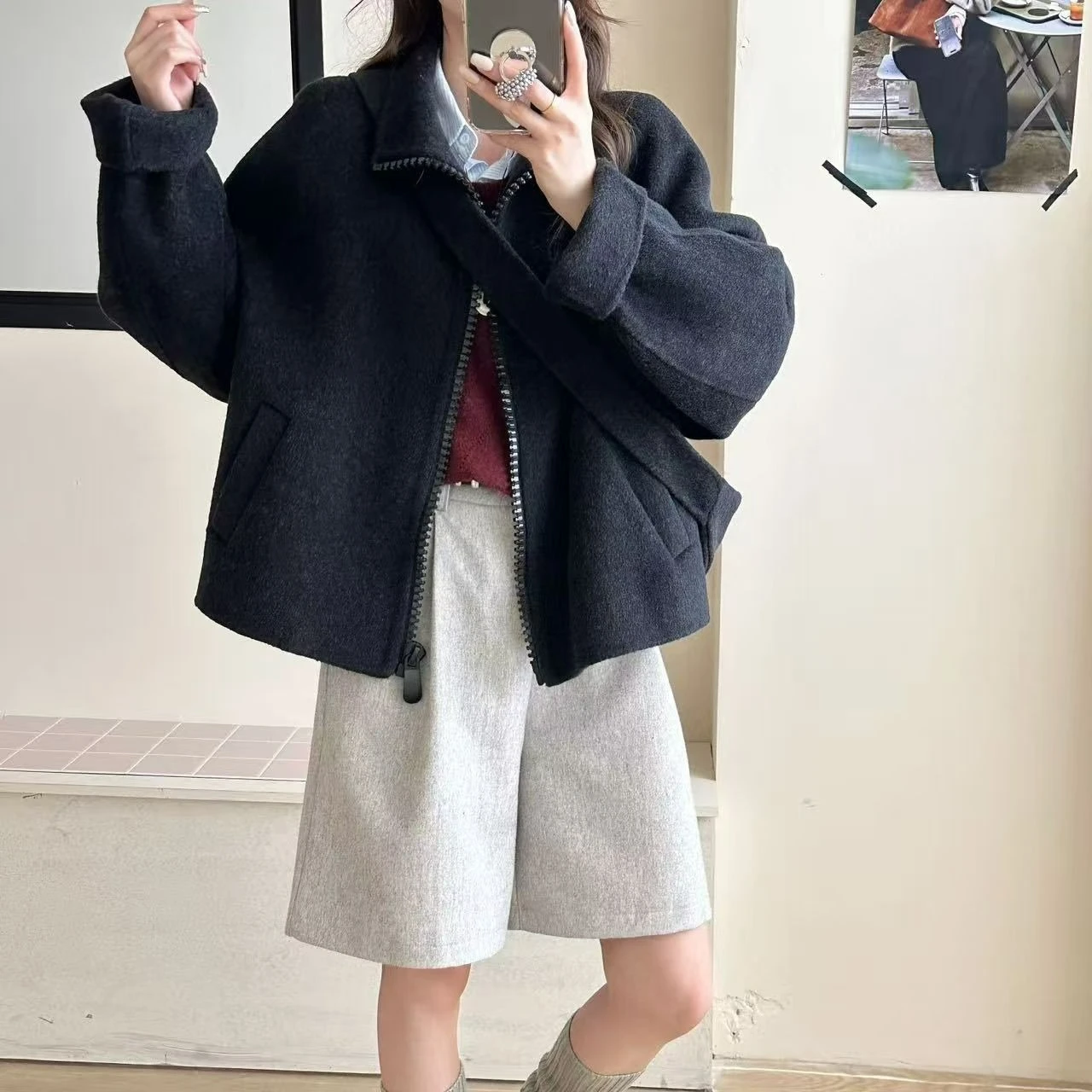 2026 Frühling und Herbst Neuer Temperamentvoller Rundhals-Doppelseitiger Wollmantel Damen Kurzer Vielseitiger Wollmantel