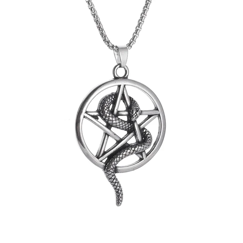 Vintage Gothic Boa Wrap Pentagram Pendant Stainless Steel Necklace for Men Women Satanic Church Punk Jewelry Gifts