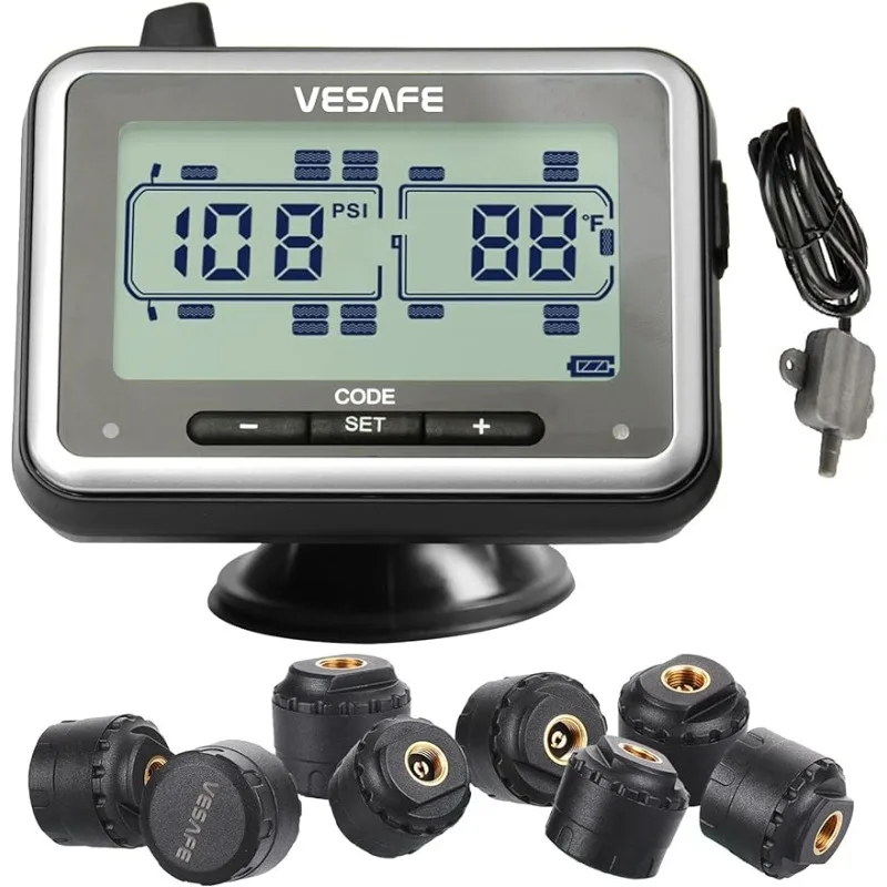 

VESAFE TPMS, беспроводная система контроля давления в шинах для RV, прицепа, включая усилитель сигнала и 8 противоугонных датчиков.