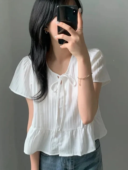 

Sweet Gentle Knot Design ort Sve irt Women's Faionable Versatile Summer Blouse Commute Sle Slim Fit Bubb...