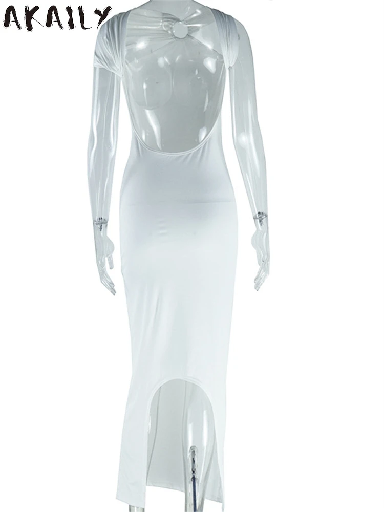 Akaily outono elegante branco slinky anel detalhe maxi vestido de festa à noite clubwear para as mulheres 2024 sexy sem costas cortar vestidos