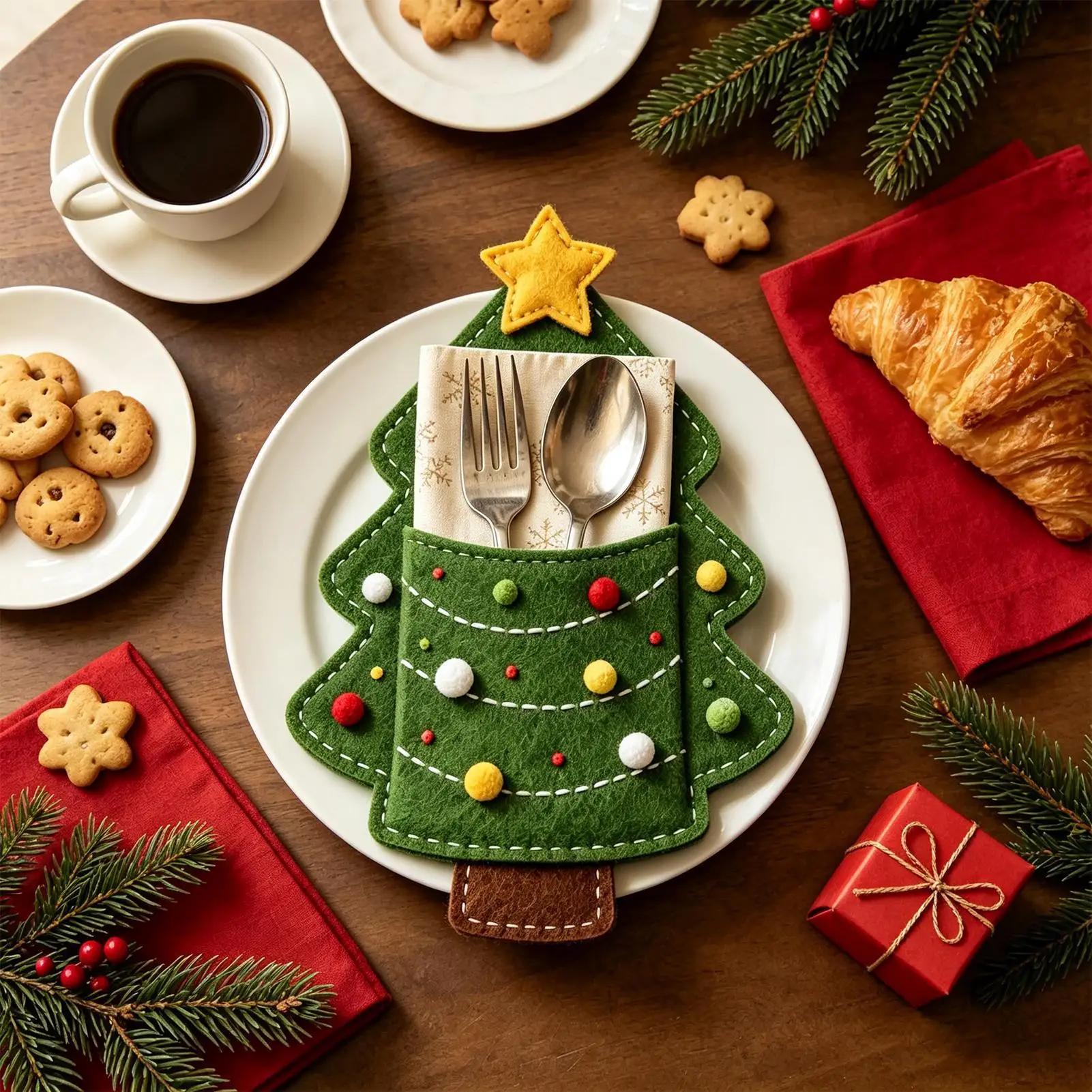 Christmas Silverware Holder Holiday Felt Flatware Storage Pouch Holiday Silverware Pouch for Home Kitchen Indoor Apartment