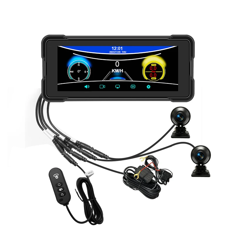 Front and Rear Dual Dash Cam for Motorcycle, 6.86 inch Waterproof Touch IPS Carplay and Android Auto with Wireless GPS Navigator