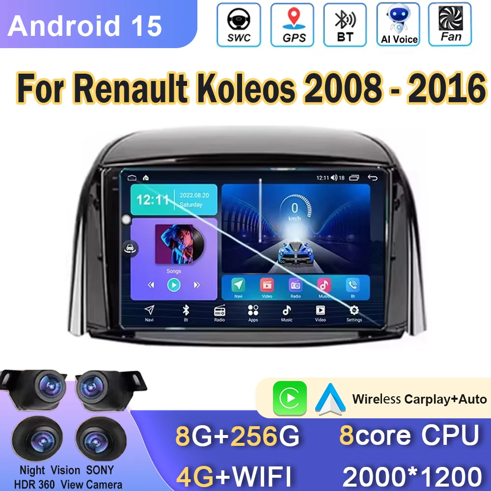 

For Renault Koleos 2008 - 2016 Wireless Carplay Android Auto Multimedia Stereo Car Radio Video Player Navigation GPS BT NO 2din