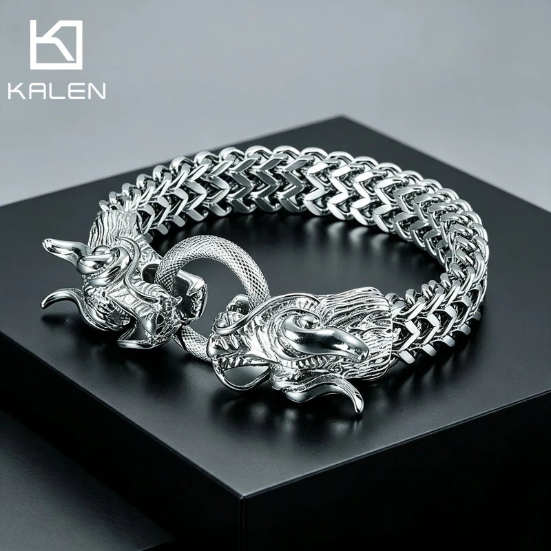 KALEN Retro Dominant Dragon Head Stainless Steel Bracelet For Men Trendy Animal Accessories Fashion Jewelry Halloween Gifts