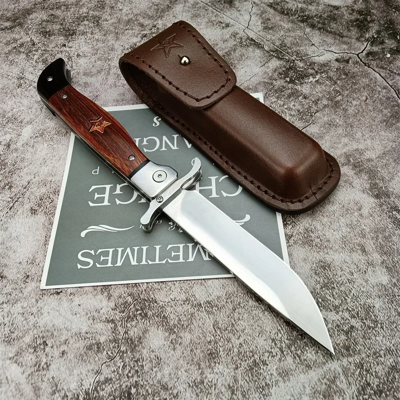 Russian Style NKVD 440c Blade Wood Handle Folding Pocket Knife with Leather Sheath Survival Tactical Military EDC Tool Gift