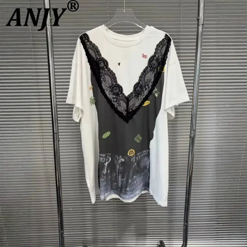 ANJY Summer New Women Fashion Lace Patchwork Print Loose Casual Short Sleeve T-shirt Tide Stylish Contrast Color Long Top A23807