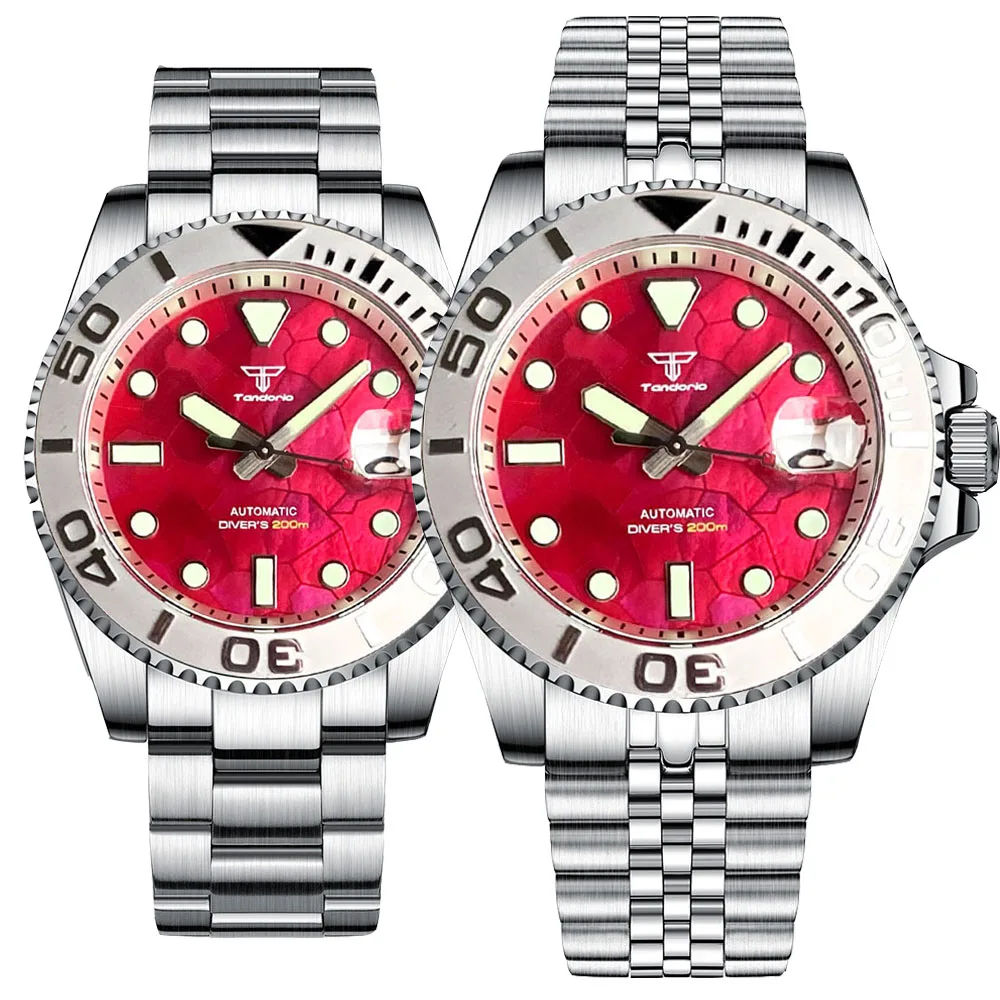 Tandorio 40mm 20ATM NH35A Automatic Watch For Men New Gem Red Mother Of Pearl Dial Sapphire Crystal Silver Ceramic Bezel