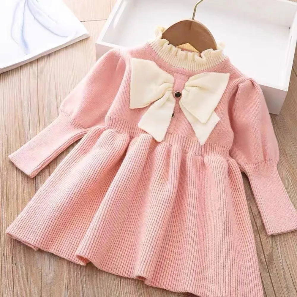 Children\'s Autumn Sweater Knitted Dress Baby Birthday New Year Elegant Full Sleeve Girls Dress 1-10 Years Kids Daily Casual Wear