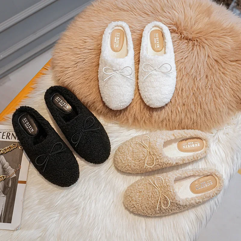 

Fur shoes for women in winter new bow tie wrapped hair slippers for women in flat bottomed plush large size women's shoes 41-43