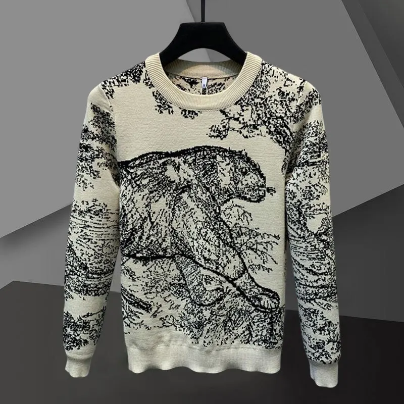 Fall Slim Round Neck Tiger Pattern Long Sleeve Sweater Luxury British Versatile Pullover Sweater Fashion Knitted Sweater For Men