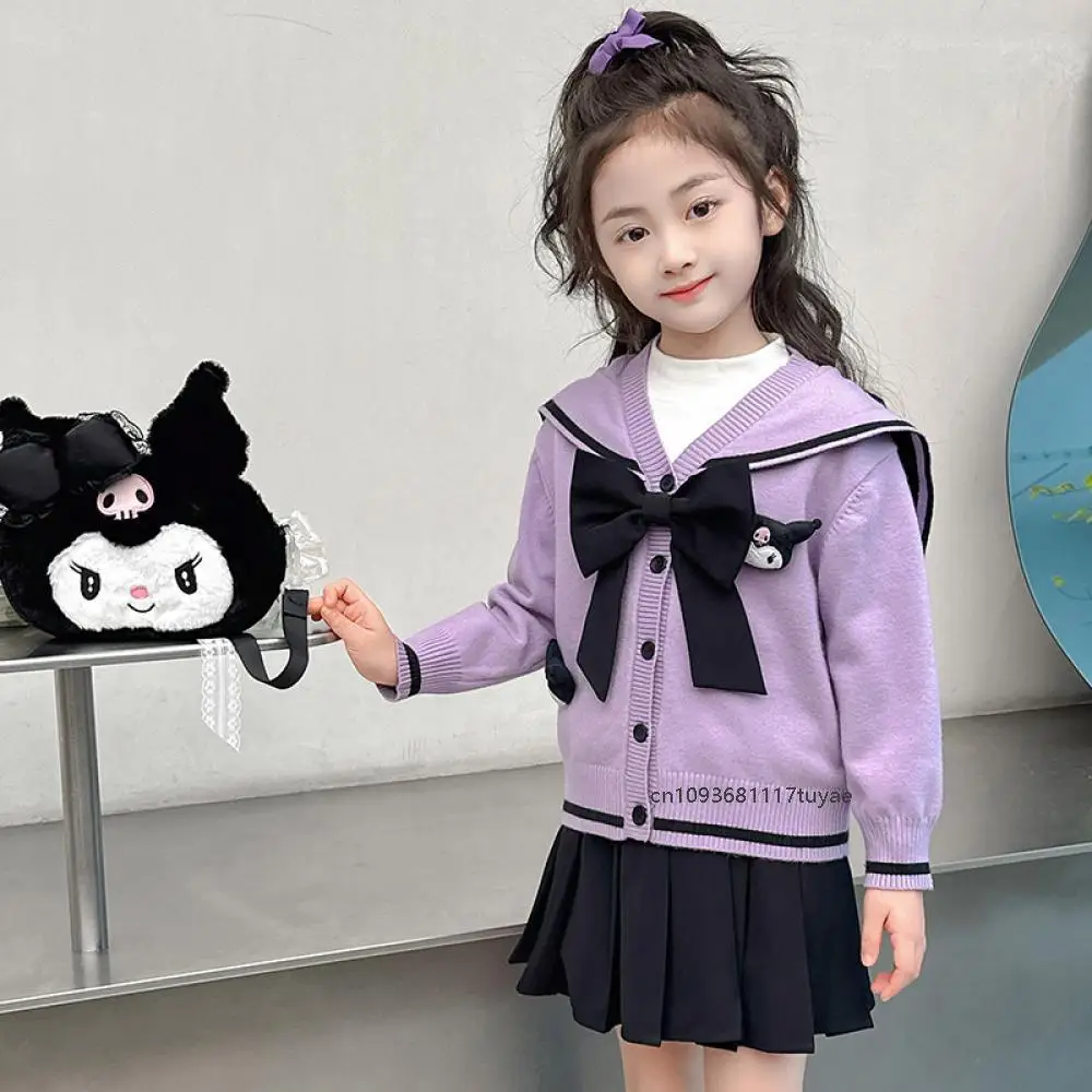 New 3Pcs Hello Kitty Kuromi Cinnamoroll Child Jk Set Anime Sanrio Kawaii Girls Cardigan Shirt Pleated Skirt Teen College Style