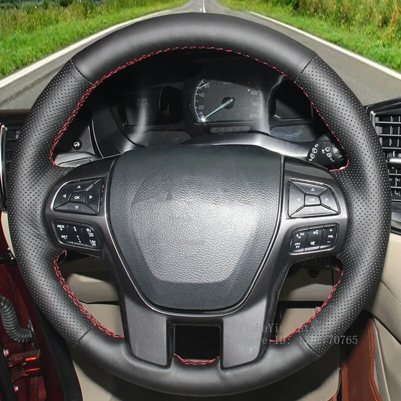 Hand-stitched Anti-slip Artificial Leather Hand-stitched Steering Wheel Cover For Ford Ranger 2016 -2019 Interior Accessories