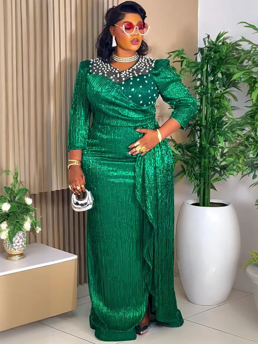 

Plus Size African Party Dresses for Women Dashiki Diamond Bodycon Slit Long Dress Elegant Outfits Muslim Wedding Evening Gown