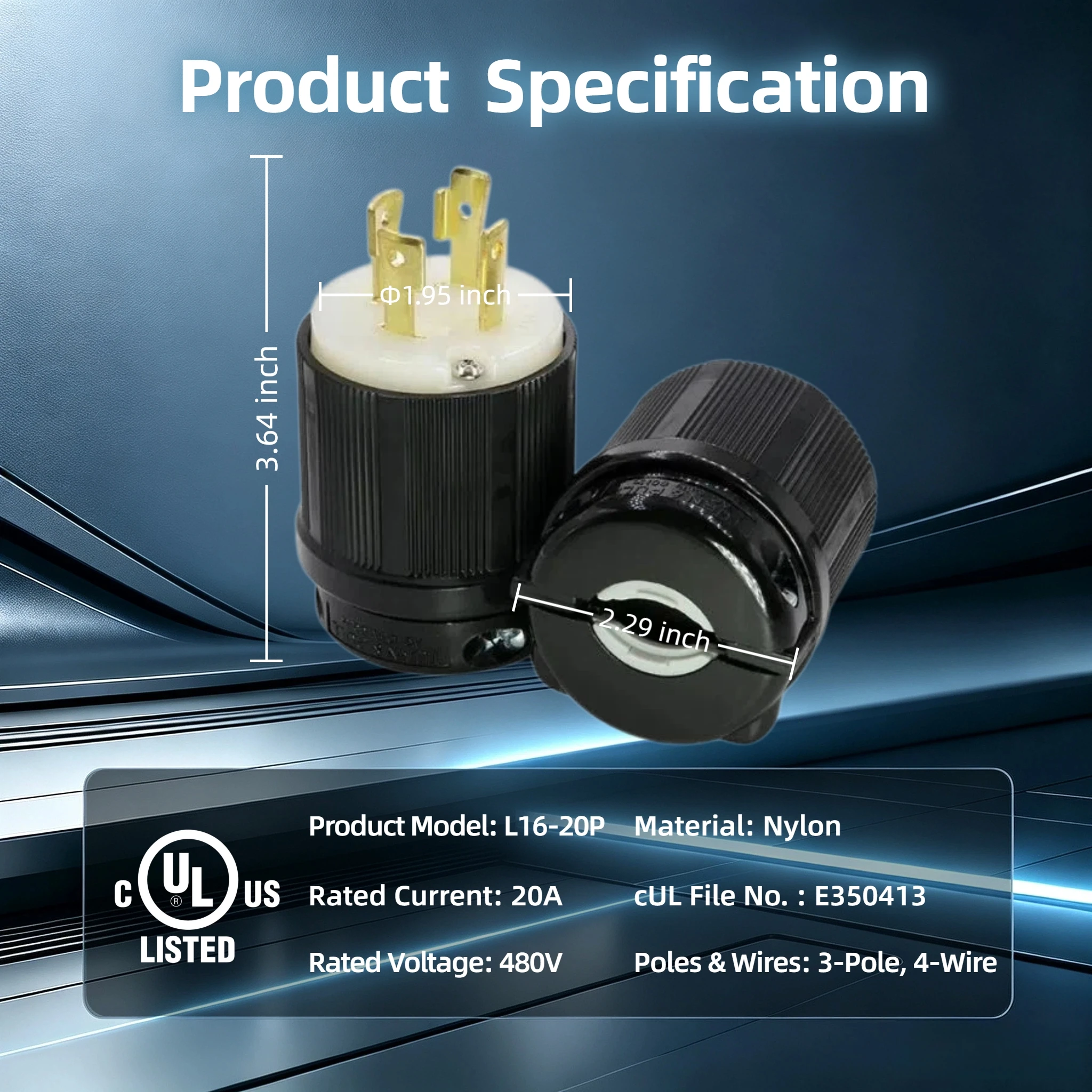 NEMA L16-20P 20A 480V Heavy Duty Locking Plug 3P 4W 3-Phase Grounding Twist Lock Connector for Generator/Dryer/Ranges