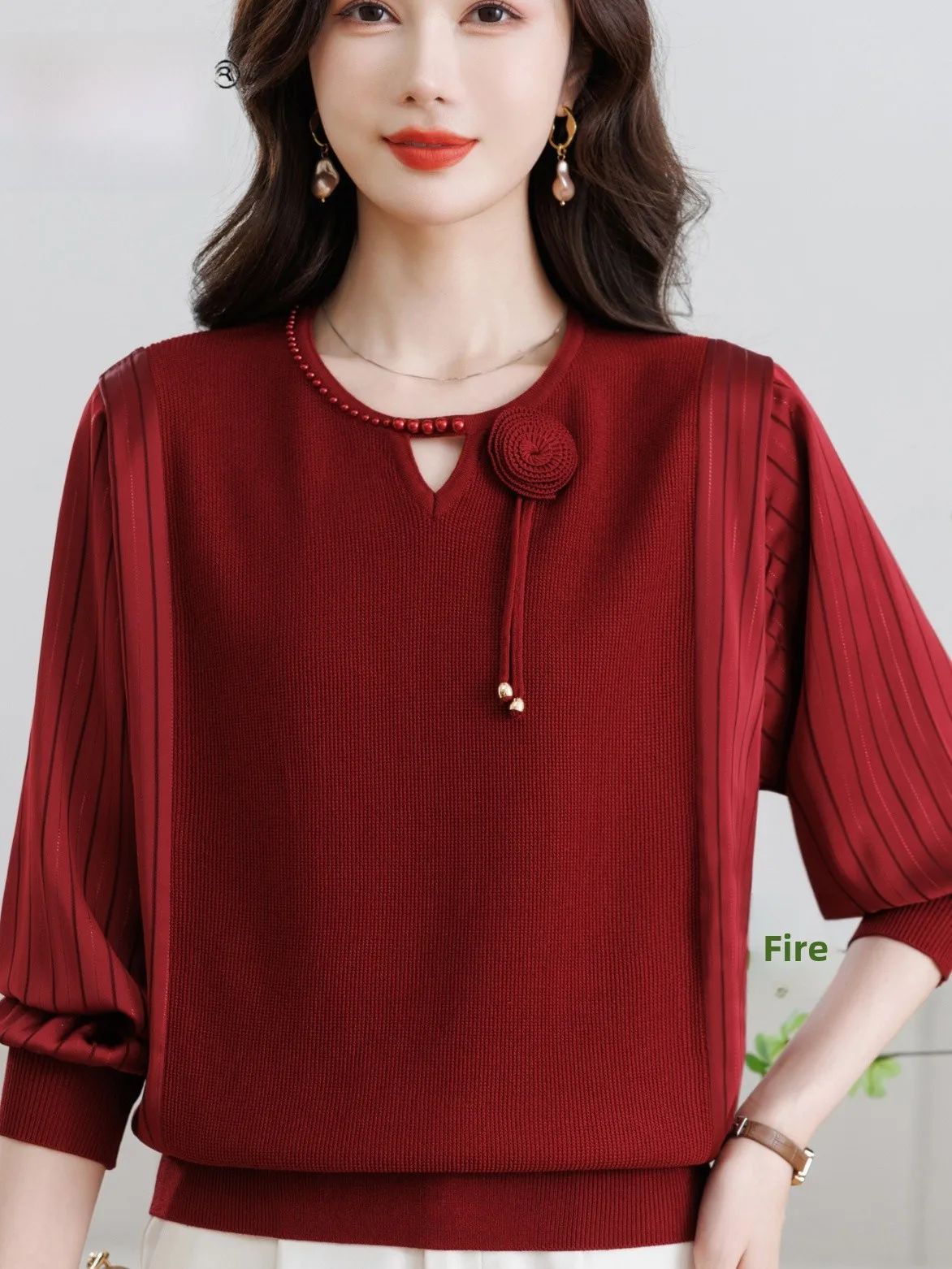 

Spring Knitted irt Women's Mom Sle Slimming round Ne Button up Svel T-irt Faionable Breathable Loose Fit Commute