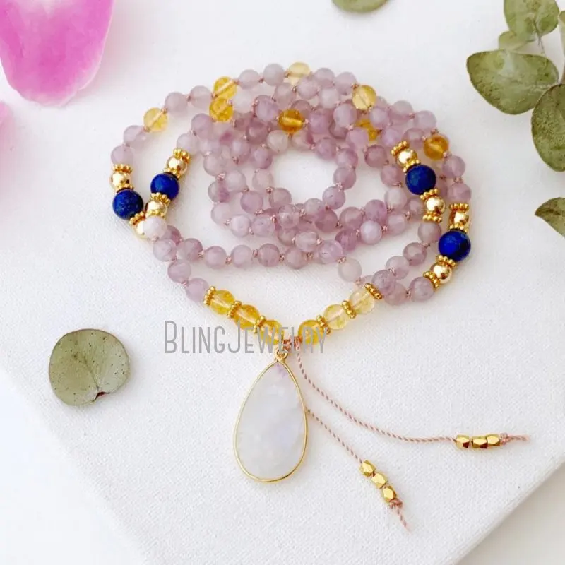 MN35015 Amethyst Mala With Citrine And Lapis Lazuli Beads  Rainbow Moonstone Guru 108  Necklace Prayer 