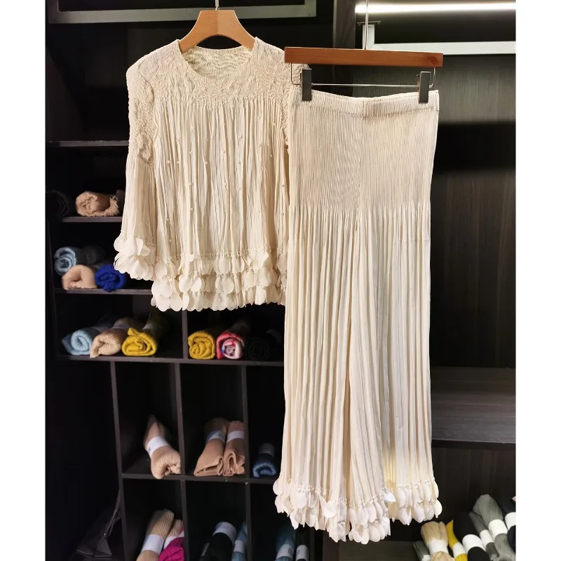 

Miyake Pleated Top 2026 New Pearl Petal Design Long-sleeved T-shirt Casual Wide-leg Pants 2 Pieces Plus Size Women's Clothing