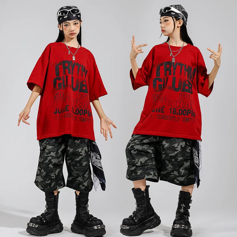 

Kid Kpop Hip Hop Clothing Red Letters T Shirt Camo Casual Parachute Cargo Shorts for Girl Boy Jazz Dance Wear Costumes Clothes