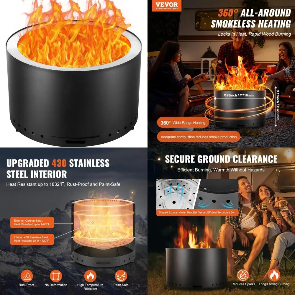 

28 Inch VEVOR Smokeless Fire Pit, Wood-Burning Outdoor Fireplace with Removable Ash Pan and Stainless Steel Interior