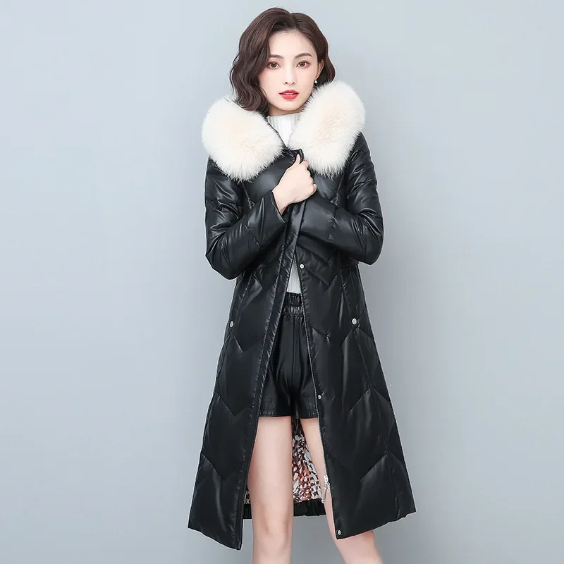 

Womens Leather Jacket Casual Hooded White Duck Down Coat Winter Mid-length Down Jackets Fox Fur Collar Parkas Jaqueta Feminina