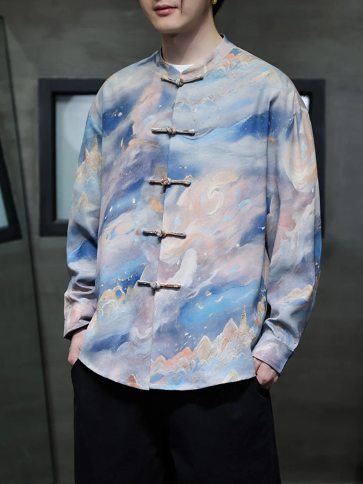 

New Chinese Style Men's Long Sleeve Shirt Vintage Button up Top Spring Fashionable Thin Hanfu Tang Costume Loose Fit Youthful