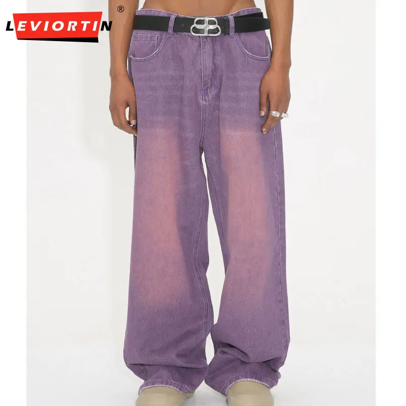 Four Seasons Men's American Personality Retro Vintage Gradual Color Change, Loose, Casual, Versatile, Fashionable Wide Leg Jeans