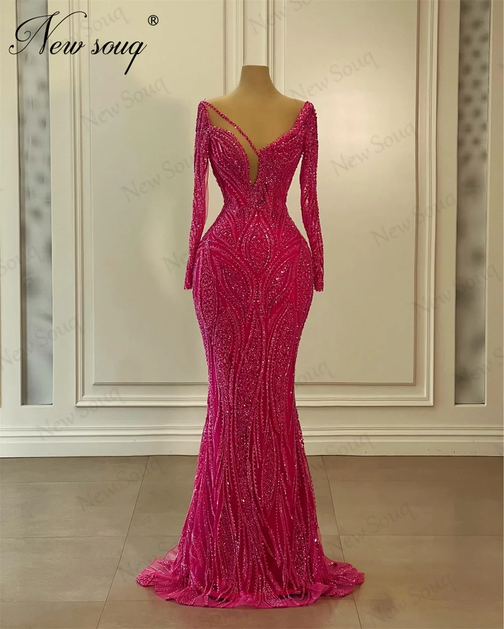 Fuchsia Long Sleeves Evening Dresses Robes De Soiree 2024 Luxury Dubai Mermaid Sequins Prom Dress Custom Made Arabic Party Gowns