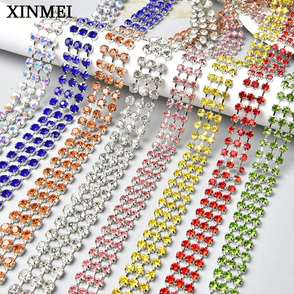 New 3 Rows Round Glass Rhinestone Handmade Chain Crystal Trim Ribbon for Clothing Belt Shoes Decoration Diy Jewelry Accessories