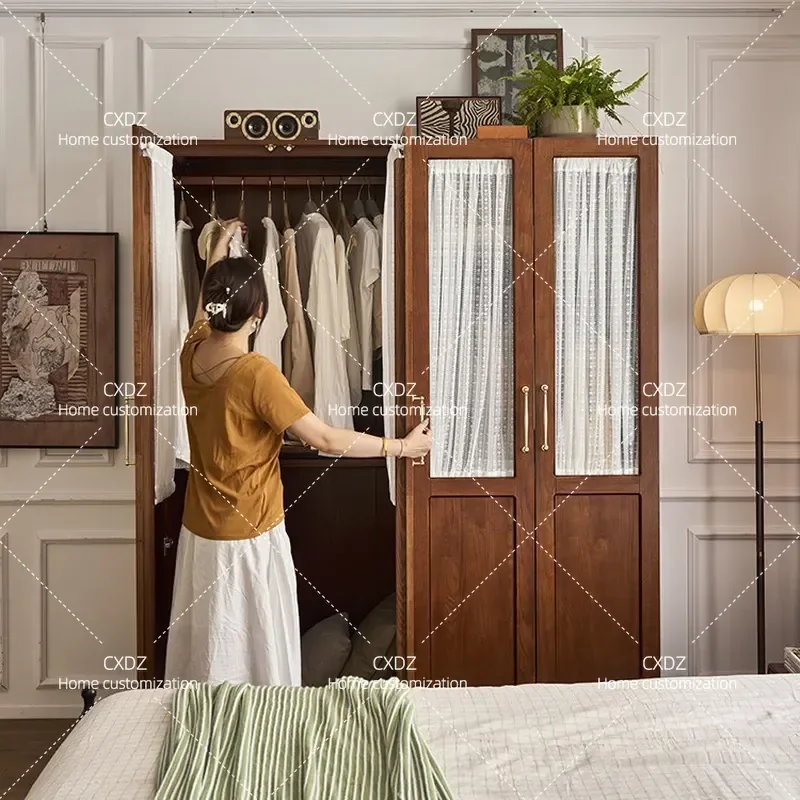 Retro Solid Wood Wardrobe with Glass Doors and Gauze Curtain Antique Bedroom Storage Cabinet Locker for Home Organization