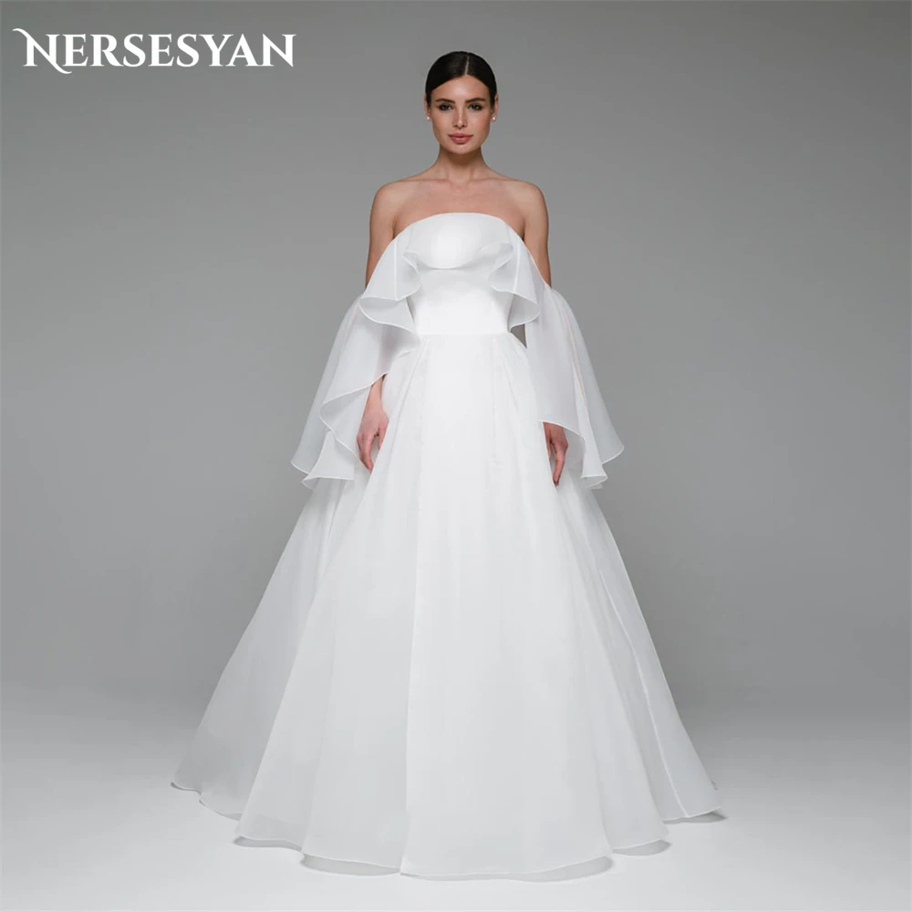 

Nersesyan Solid Chiffon Wedding Dresses Ruffles Off Shoulder A-Line Side Slit Bridal Gowns Backless Flare Sleeves Bride Dress