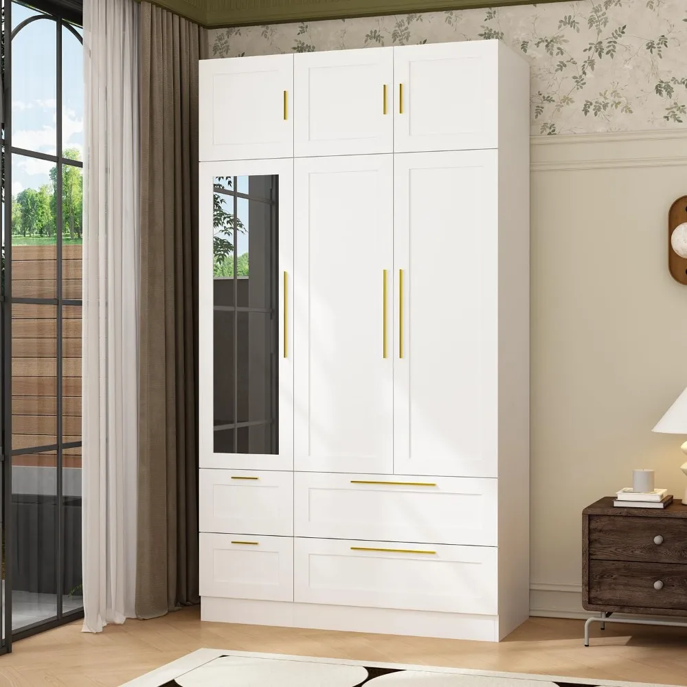

Wardrobe Closet with Mirror, 3 Door Wardrobe with Hanging Rod, 4 Drawers, Shelves, Modern Bedroom Armoire with Gold Handles, Whi
