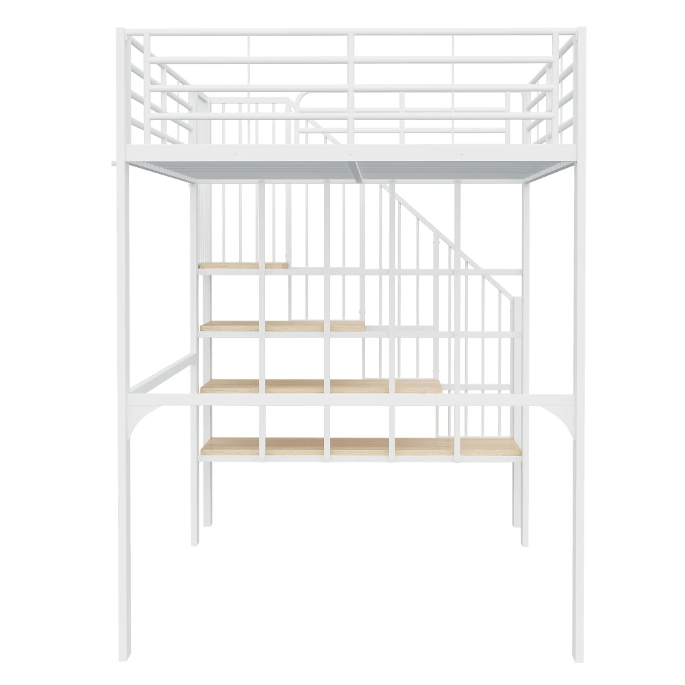 Stabiles Hochbett aus Metall, 90 x 200 cm/140 x 200 cm, mit geräumigem Stauraum unter dem Bett und Treppe für Kinder und Erwachsene, Bettgestelle und -gestelle – Detail 35